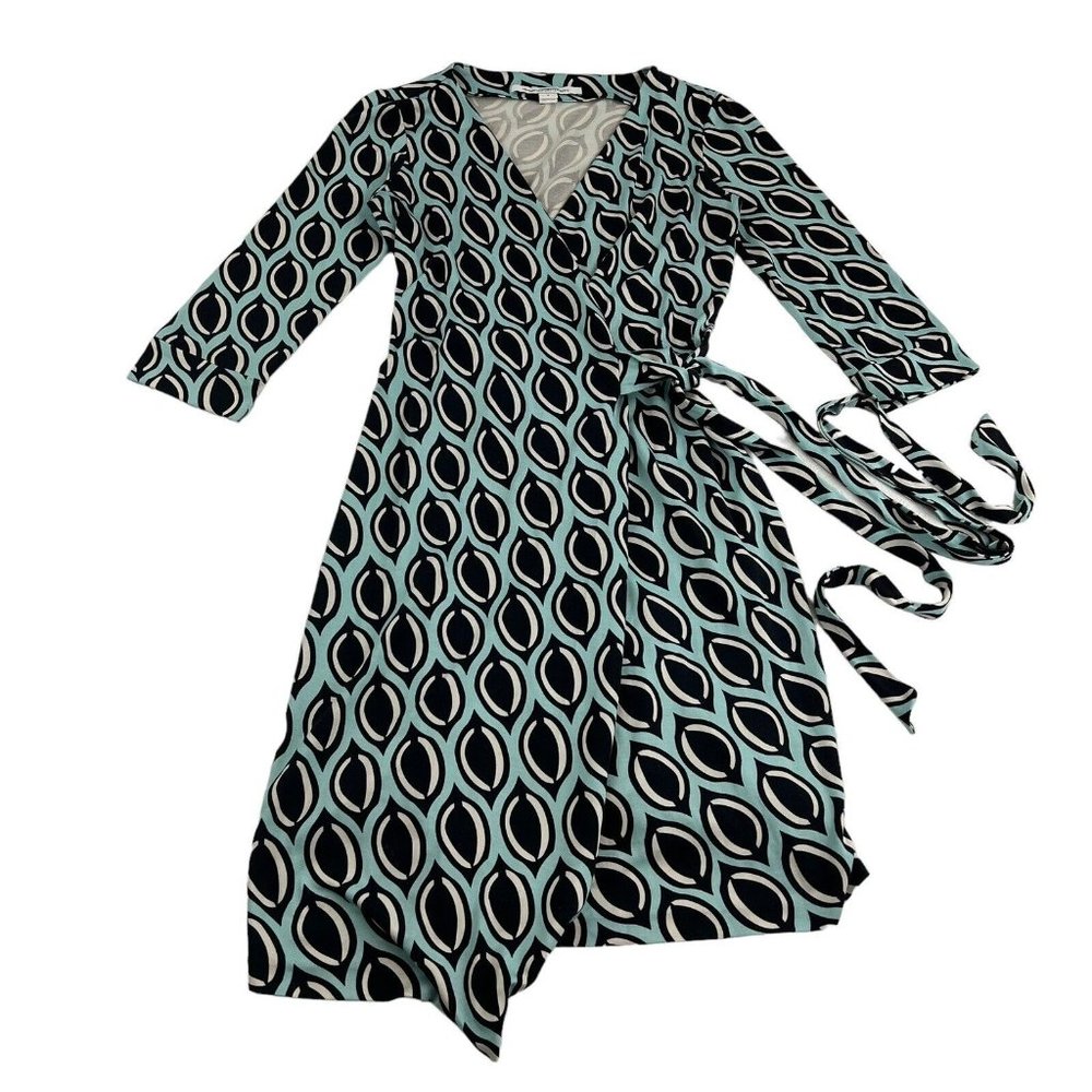 Diane von Furstenberg DVF A-Line Dress Women's 6 Blue Brown Geometric Wrap Silk